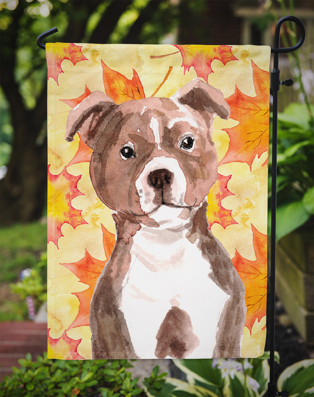 Red Staffie Bull Terrier Fall Flag Garden Size BB9532GF  the-store.com.