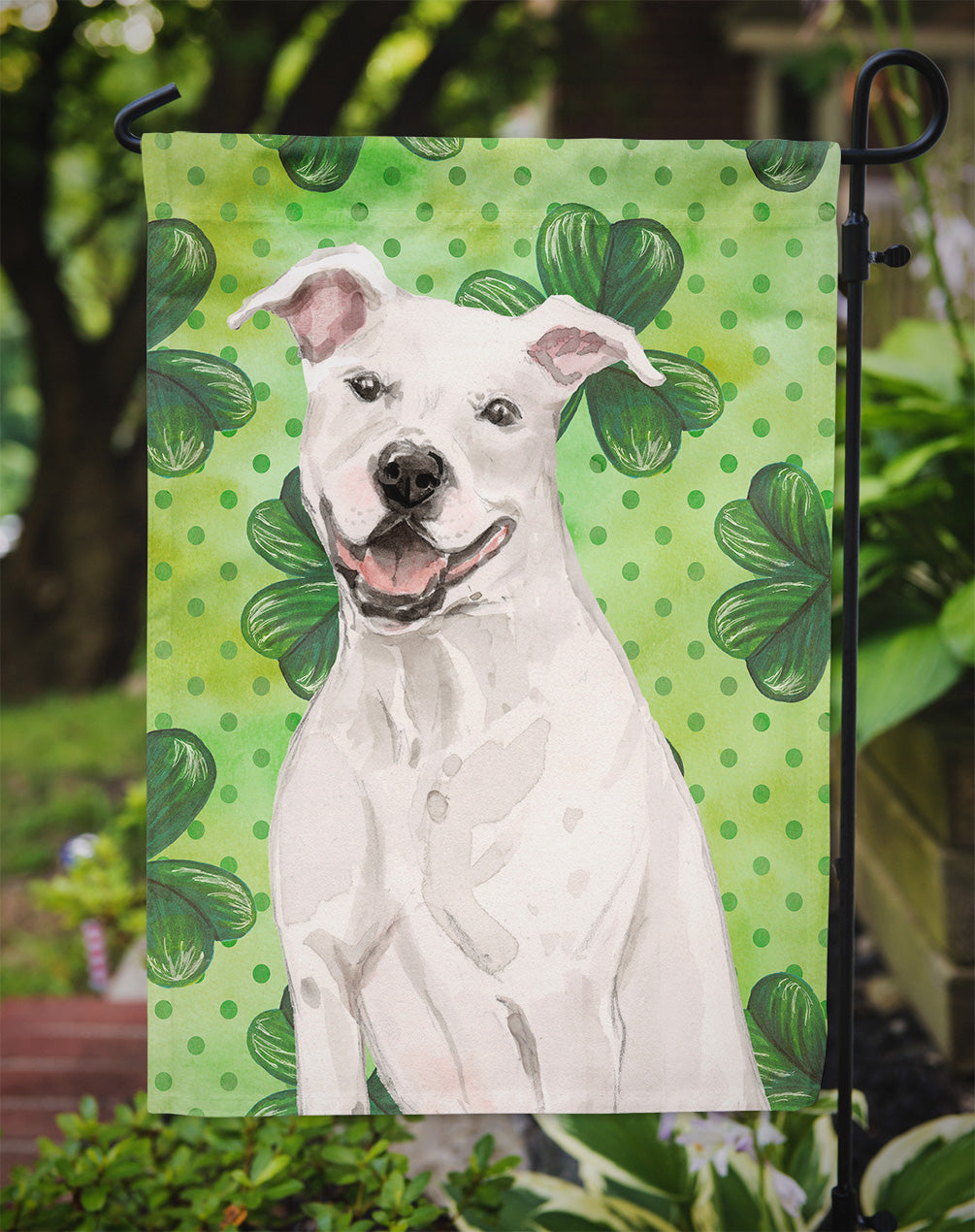 White Staffie Bull Terrier St. Patrick's Flag Garden Size BB9536GF  the-store.com.