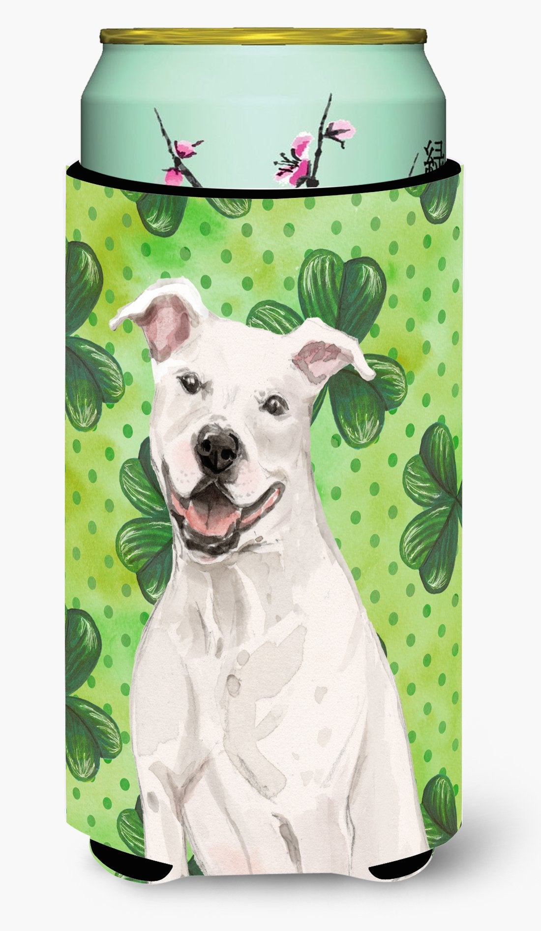 White Staffie Bull Terrier St. Patrick&#39;s Tall Boy Beverage Insulator Hugger BB9536TBC by Caroline&#39;s Treasures