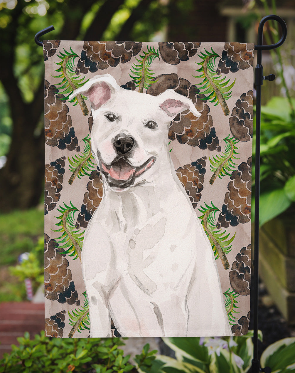 White Staffie Bull Terrier Pine Cones Flag Garden Size BB9571GF  the-store.com.