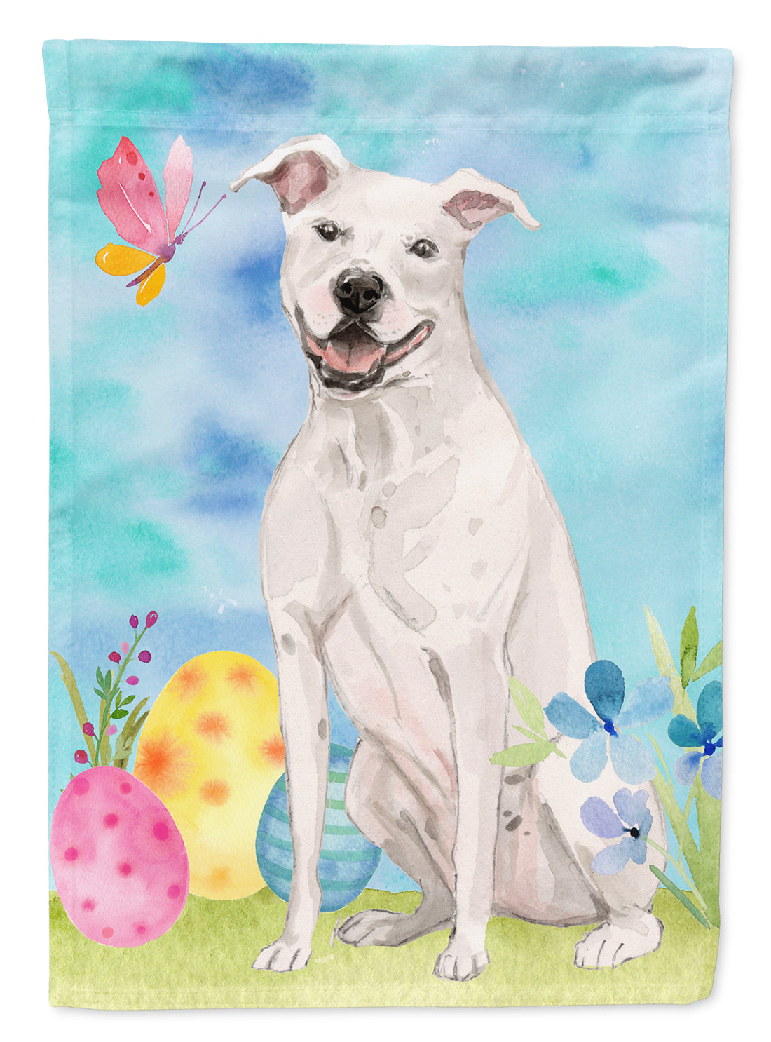 White Staffie Bull Terrier Easter Flag Canvas House Size BB9606CHF  the-store.com.