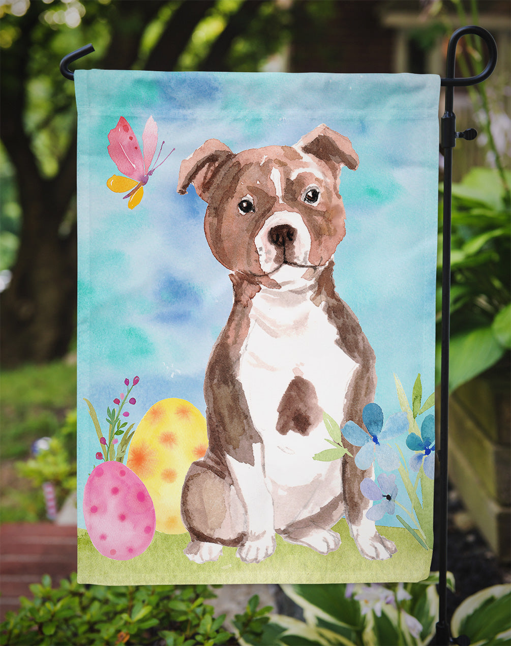 Red Staffie Bull Terrier Easter Flag Garden Size BB9636GF  the-store.com.