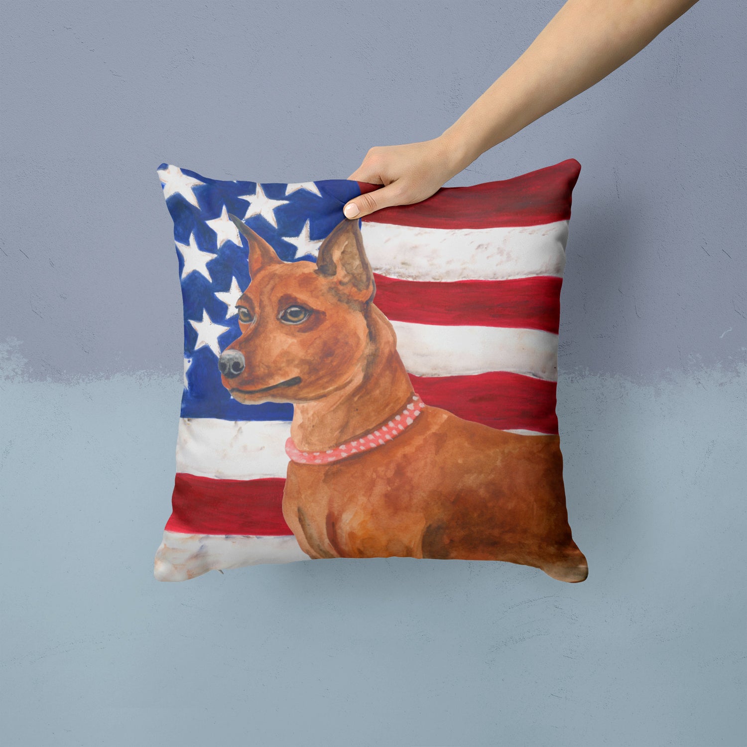 Miniature Pinscher Patriotic Fabric Decorative Pillow BB9656PW1414 - the-store.com