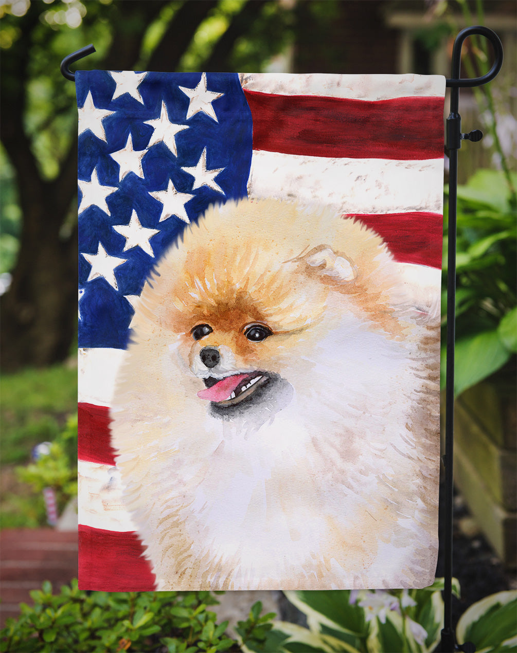 Pomeranian Patriotic Flag Garden Size BB9682GF  the-store.com.