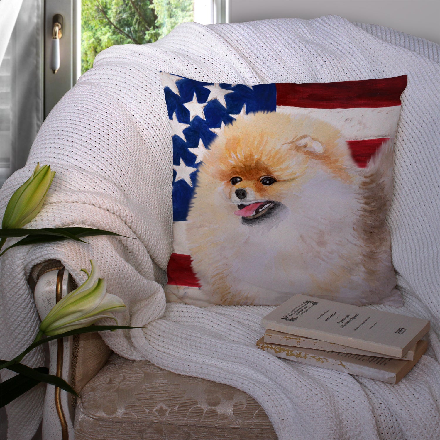 Pomeranian Patriotic Fabric Decorative Pillow BB9682PW1414 - the-store.com