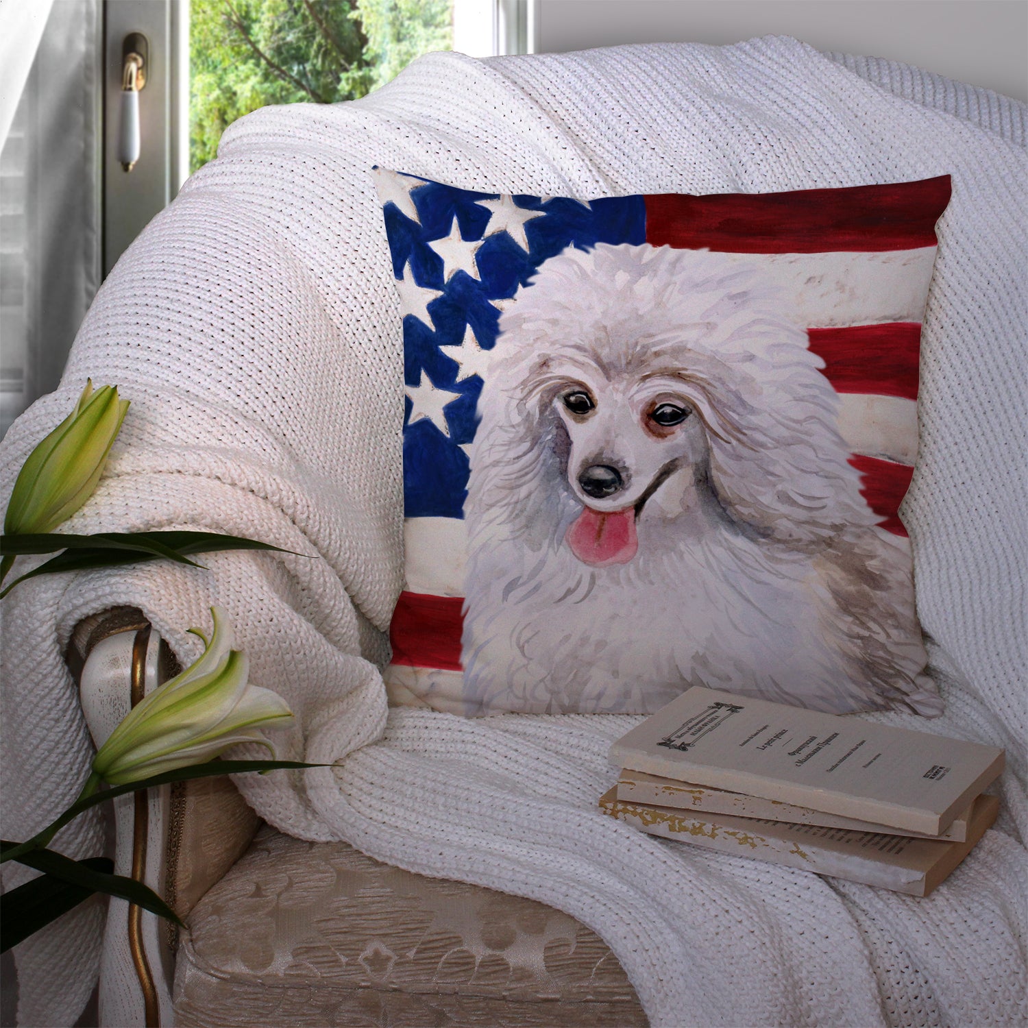 Medium White Poodle Patriotic Fabric Decorative Pillow BB9683PW1414 - the-store.com