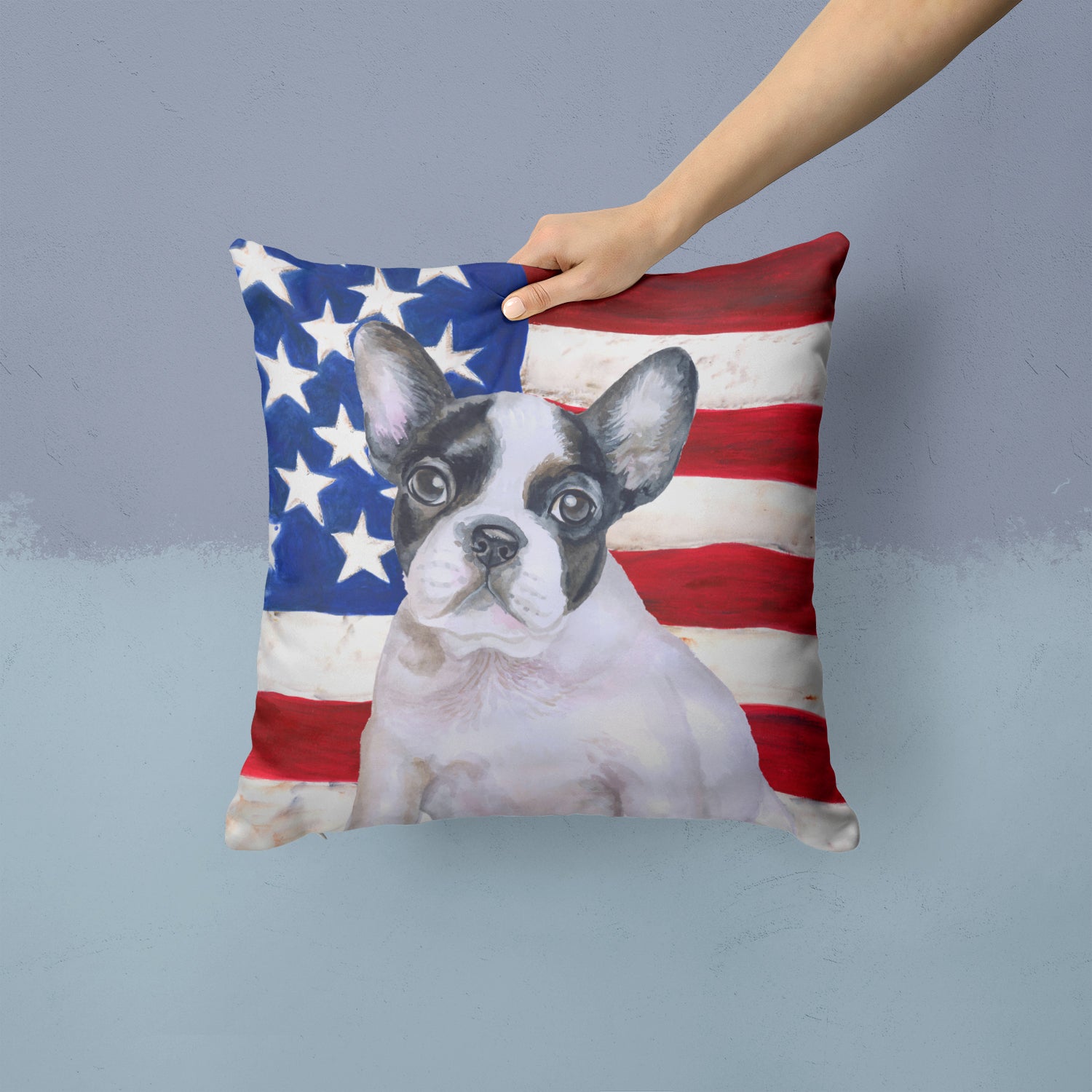 French Bulldog Black White Patriotic Fabric Decorative Pillow BB9710PW1414 - the-store.com