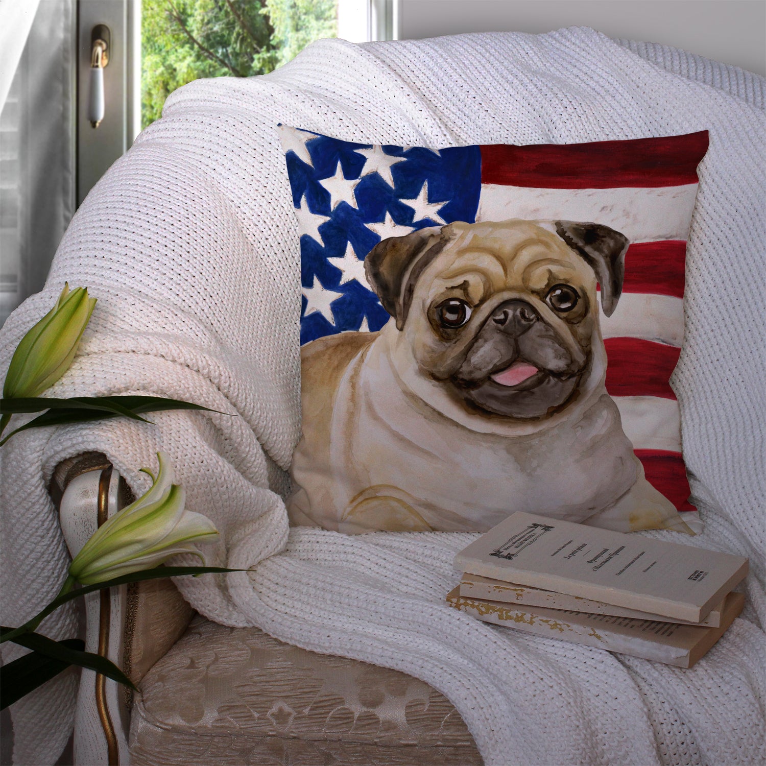 Fawn Pug Patriotic Fabric Decorative Pillow BB9718PW1414 - the-store.com