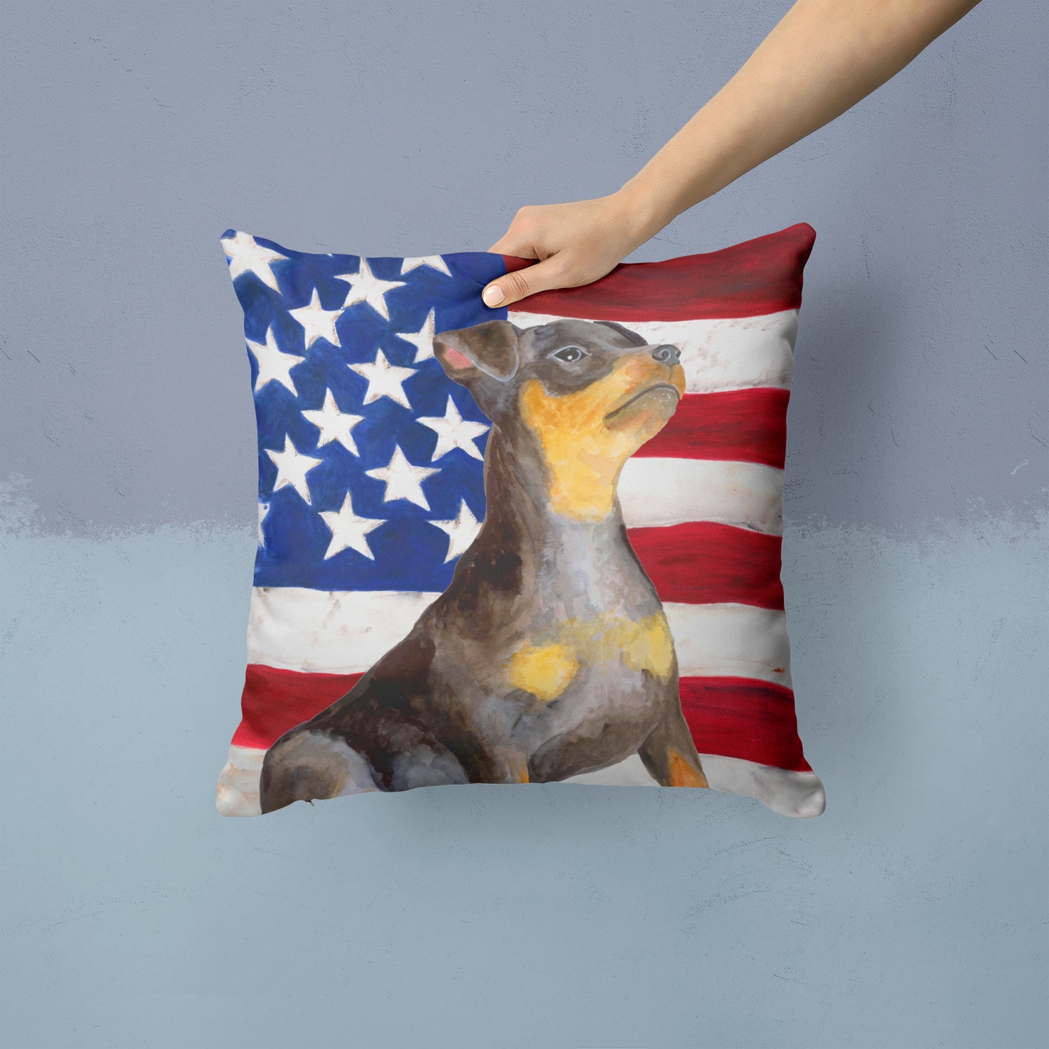 Miniature Pinscher #2 Patriotic Fabric Decorative Pillow BB9724PW1414 - the-store.com