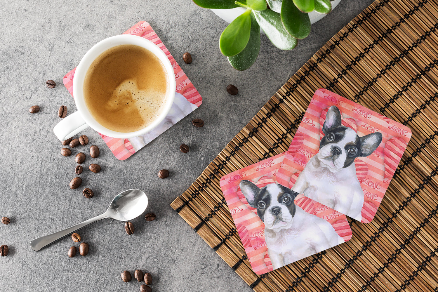 French Bulldog Black White Love Foam Coaster Set of 4 BB9797FC - the-store.com