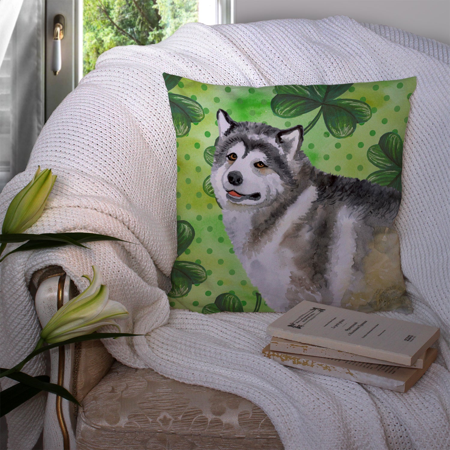 Alaskan Malamute St Patrick's Fabric Decorative Pillow BB9812PW1414 - the-store.com