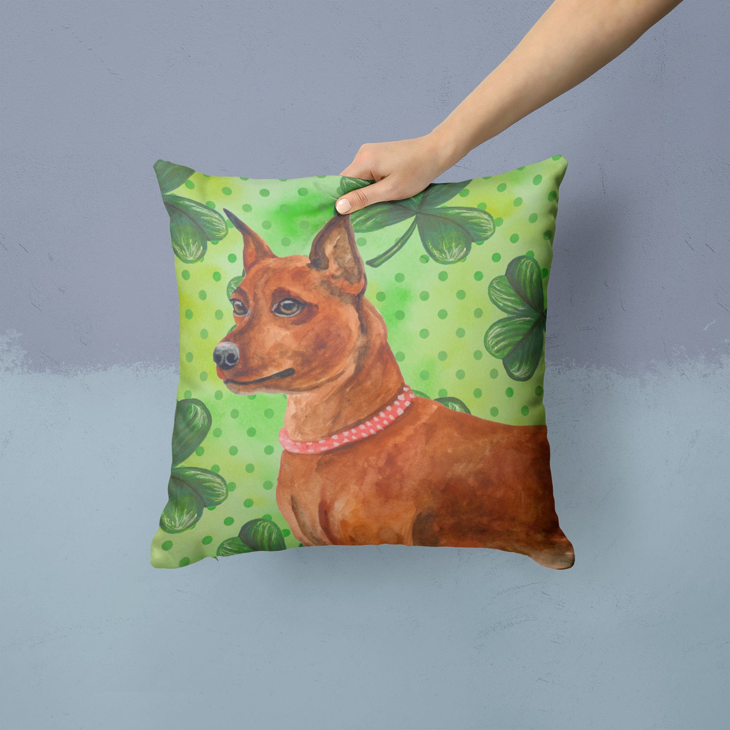 Miniature Pinscher St Patrick's Fabric Decorative Pillow BB9830PW1414 - the-store.com