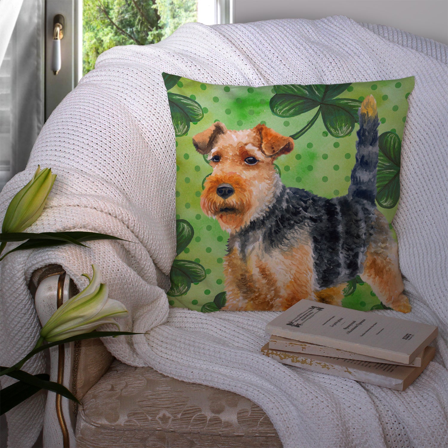 Welsh Terrier St Patrick's Fabric Decorative Pillow BB9874PW1414 - the-store.com