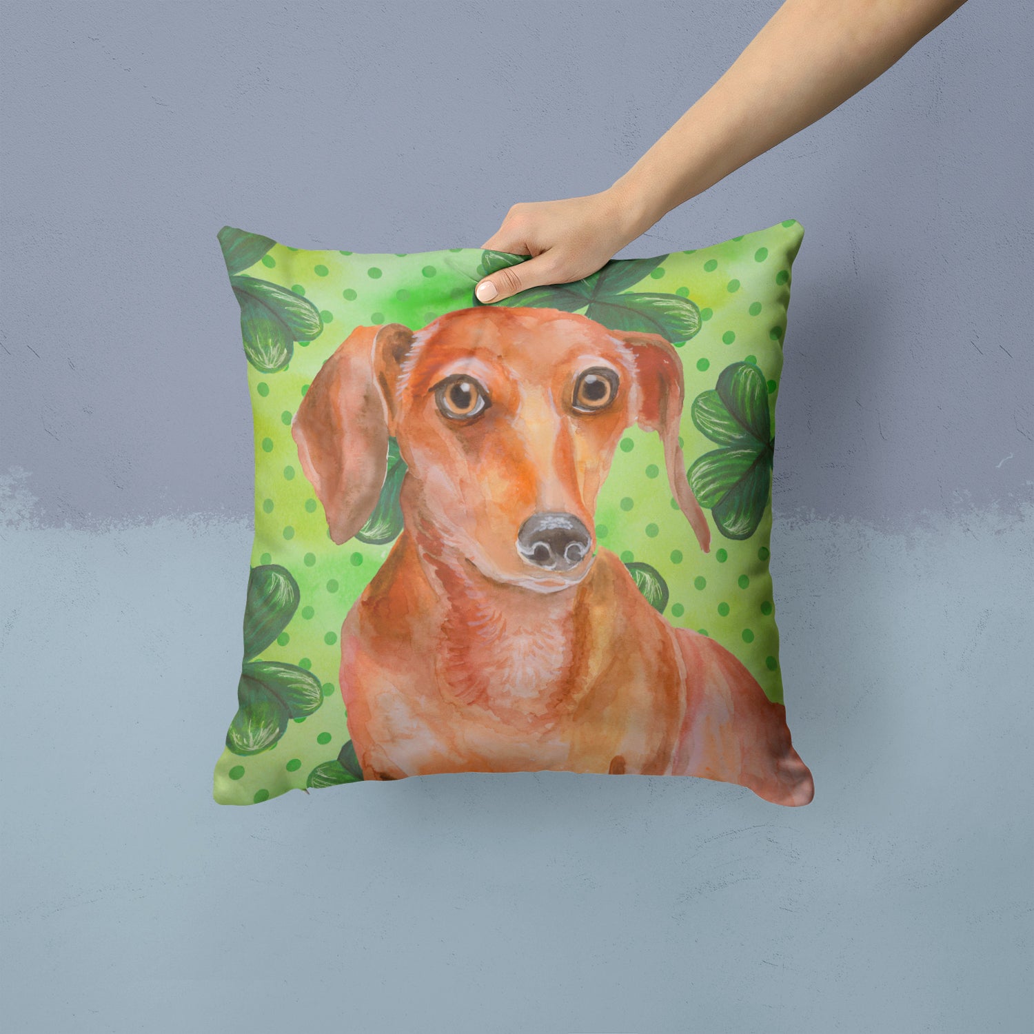 Red Dachshund St Patrick's Fabric Decorative Pillow BB9881PW1414 - the-store.com