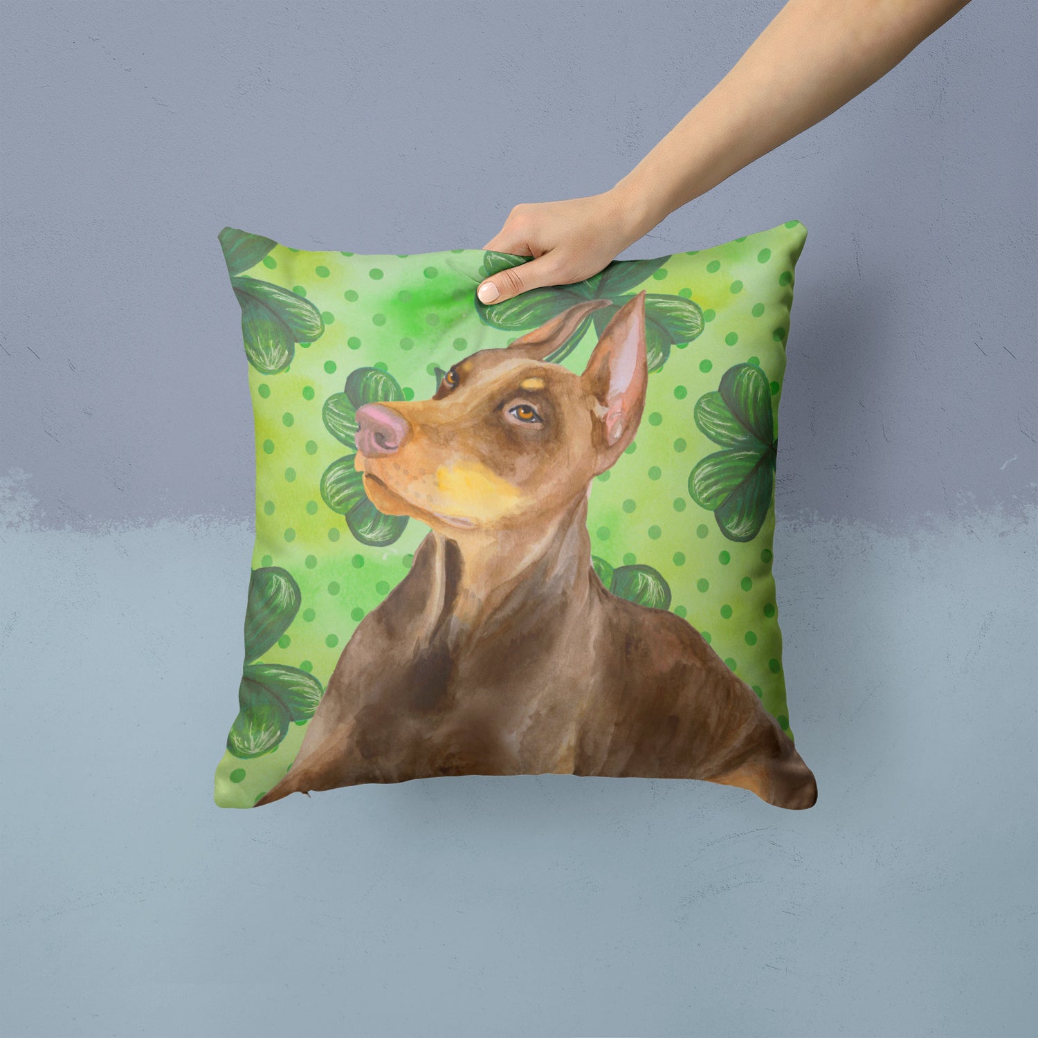 Doberman Pinscher St Patrick's Fabric Decorative Pillow BB9883PW1414 - the-store.com