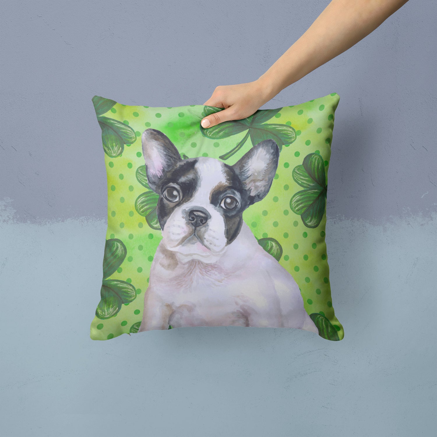 French Bulldog Black White St Patrick's Fabric Decorative Pillow BB9884PW1414 - the-store.com