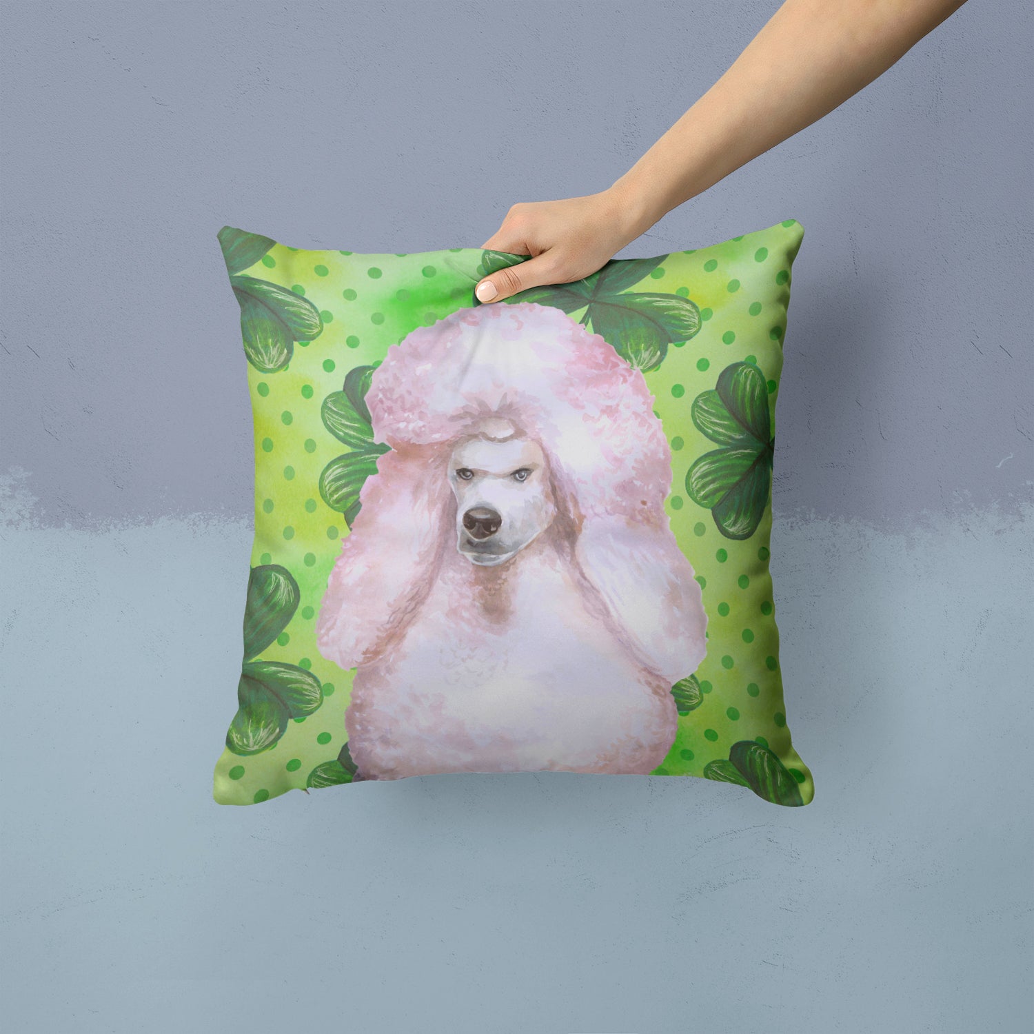 White Standard Poodle St Patrick's Fabric Decorative Pillow BB9891PW1414 - the-store.com