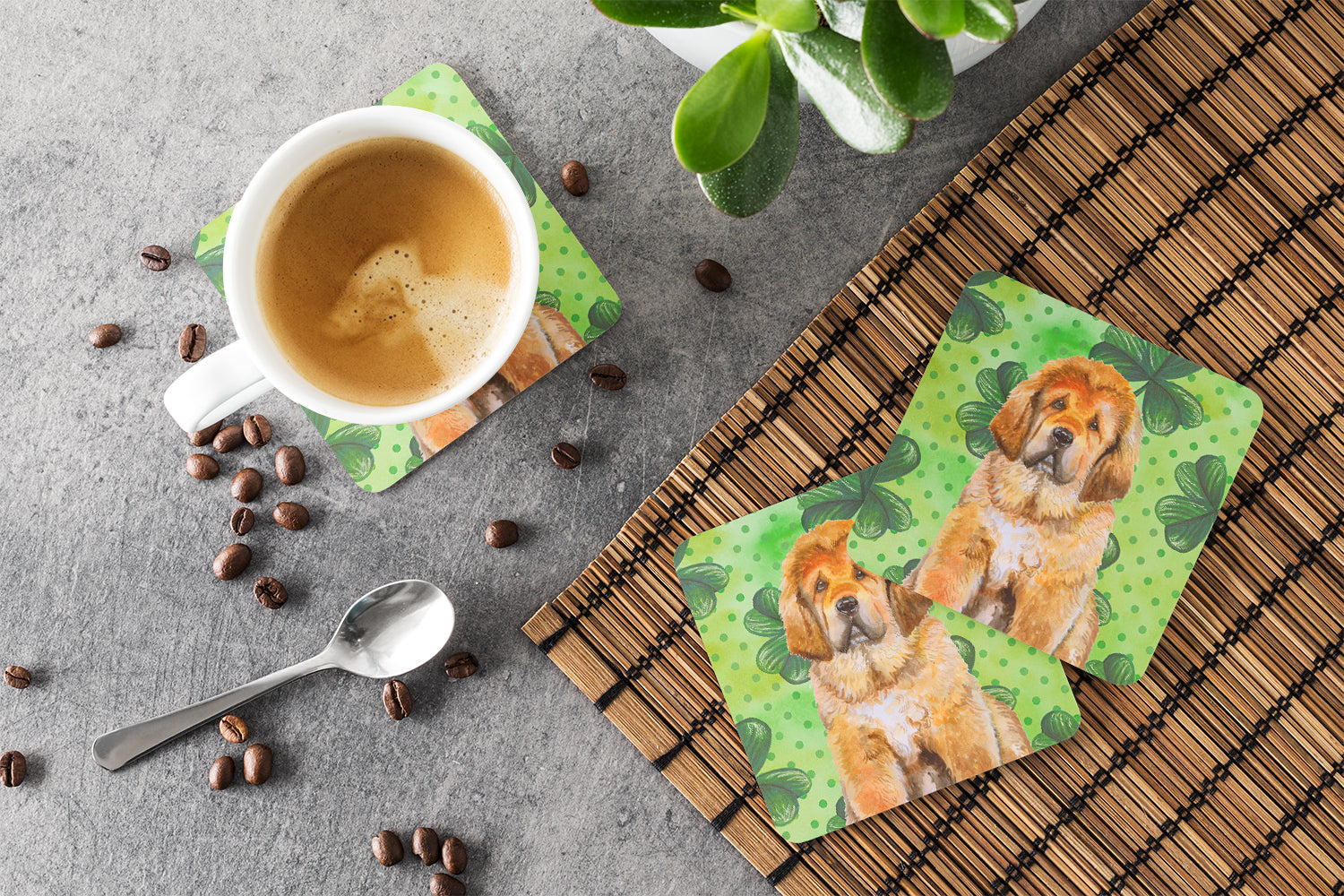 Tibetan Mastiff St Patrick's Foam Coaster Set of 4 BB9895FC - the-store.com