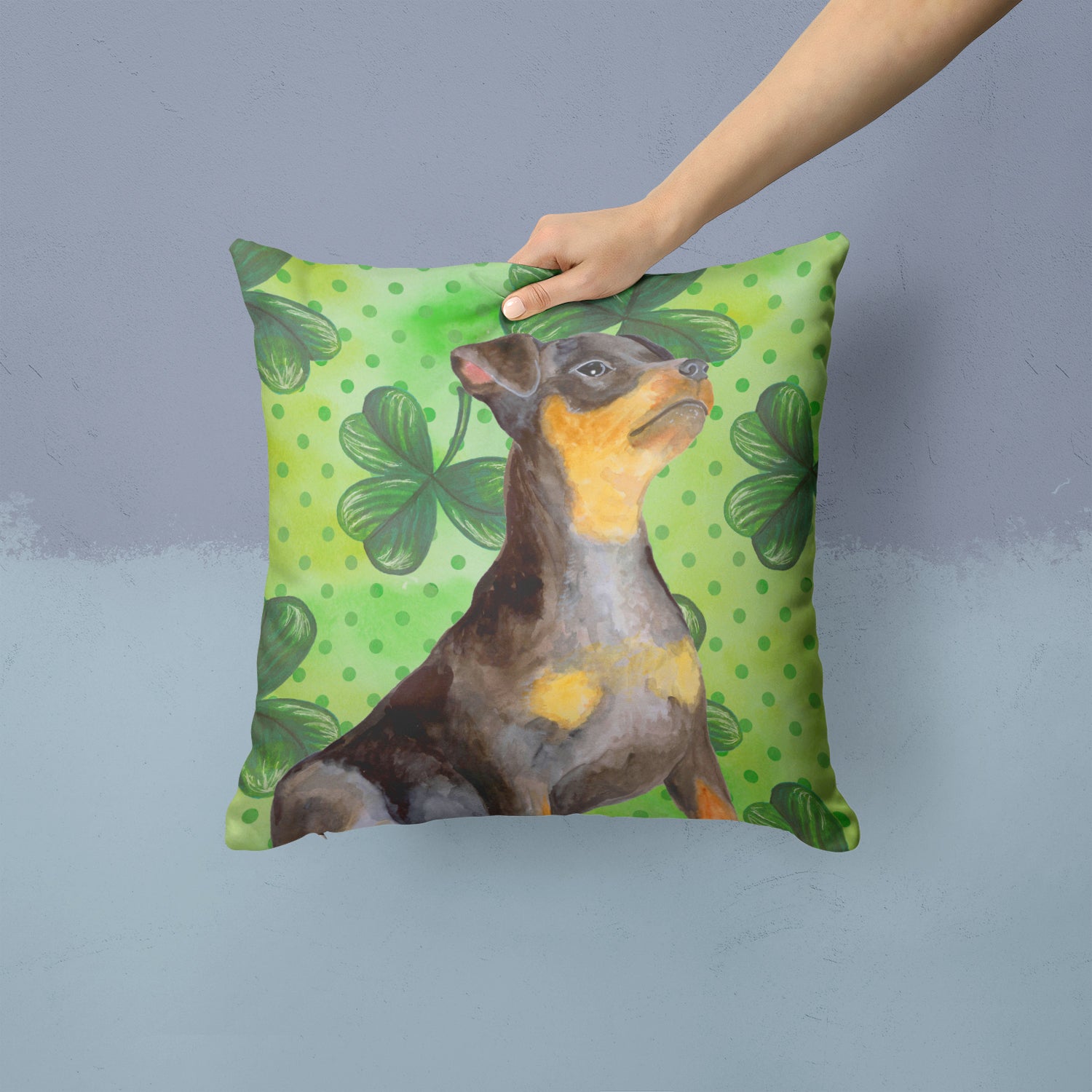 Miniature Pinscher #2 St Patrick's Fabric Decorative Pillow BB9898PW1414 - the-store.com