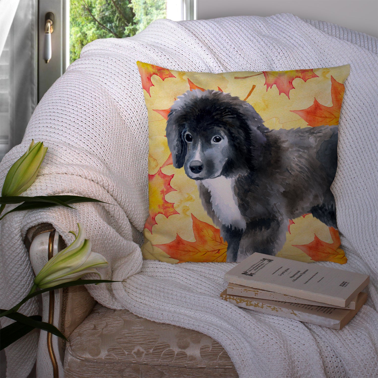 Newfoundland Puppy Fall Fabric Decorative Pillow BB9960PW1414 - the-store.com