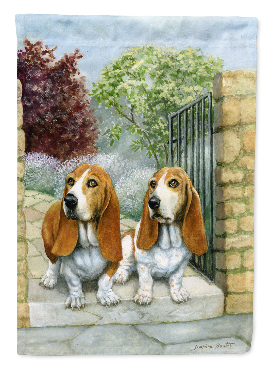 Basset Hounds in the Gate Flag Garden Size BDBA0390GF.