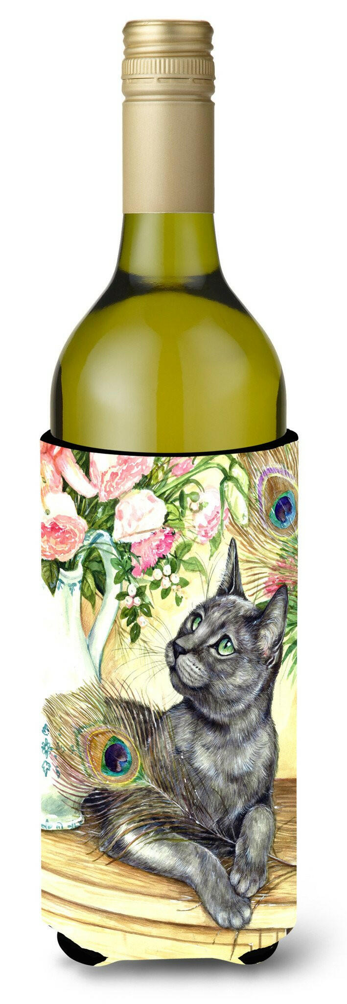 Cat and Peacock Feathers Wine Bottle Beverage Insulator Hugger CDCO0035LITERK by Caroline's Treasures