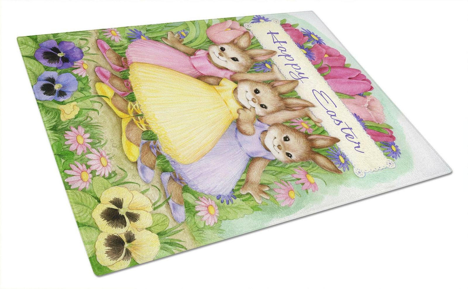 Three Bunnies Happy Easter Glass Cutting Board Large CDCO0331LCB by Caroline's Treasures