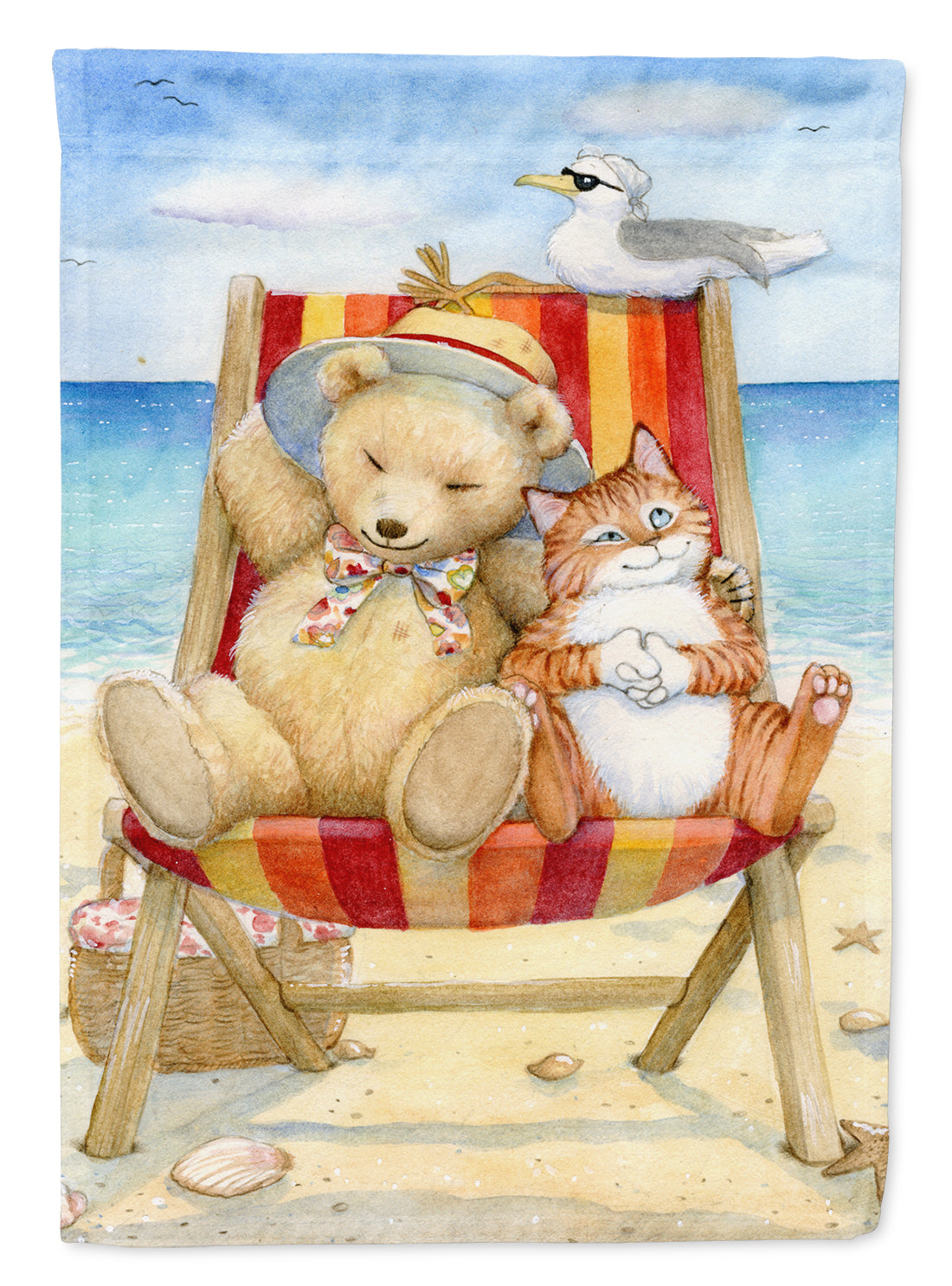 Summer Teddy Bear and Cat on Beach Flag Canvas House Size CDCO0336CHF  the-store.com.