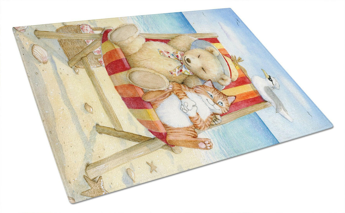 Summer Teddy Bear and Cat on Beach Glass Cutting Board Large CDCO0336LCB by Caroline&#39;s Treasures