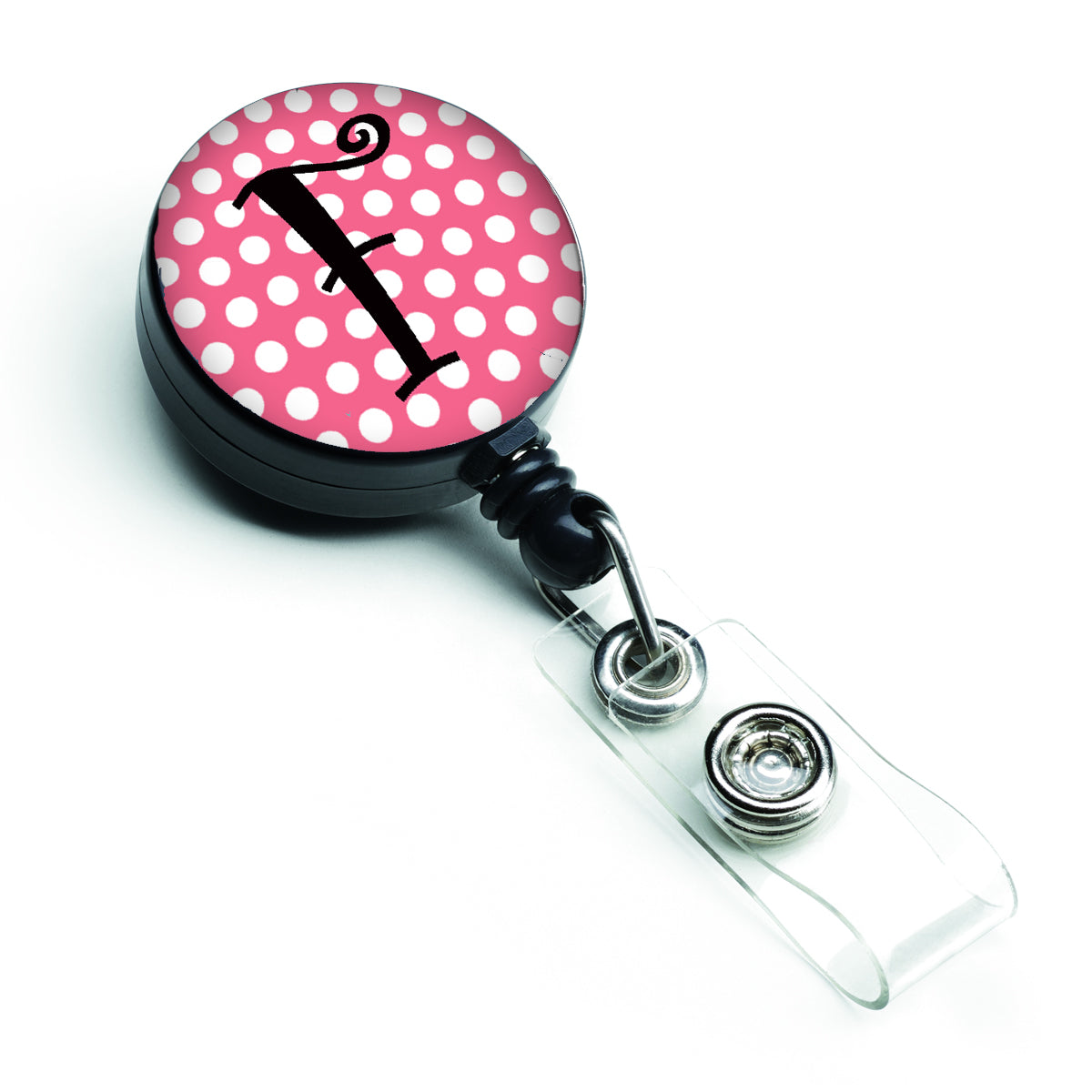 Letter F Monogram - Pink Black Polka Dots Retractable Badge Reel CJ1001-FBR  the-store.com.