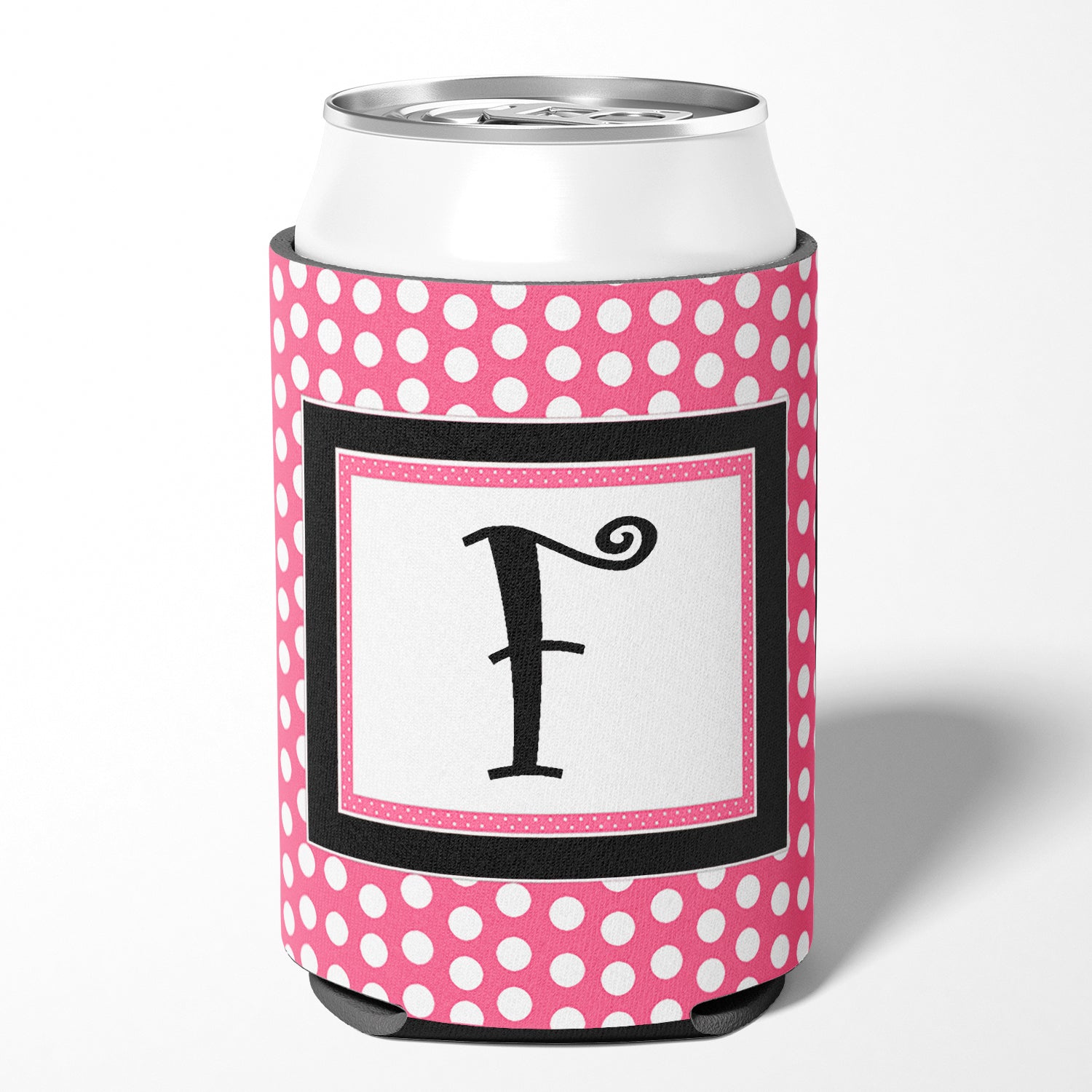 Letter F Initial Monogram - Pink Black Polka Dots Can or Bottle Beverage Insulator Hugger.