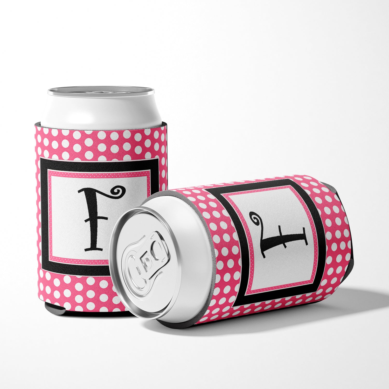 Letter F Initial Monogram - Pink Black Polka Dots Can or Bottle Beverage Insulator Hugger.