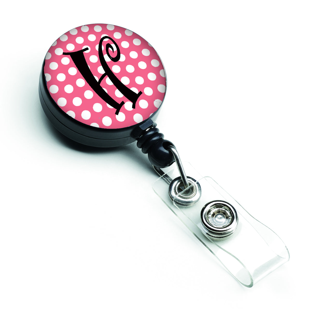Letter H Monogram - Pink Black Polka Dots Retractable Badge Reel CJ1001-HBR  the-store.com.
