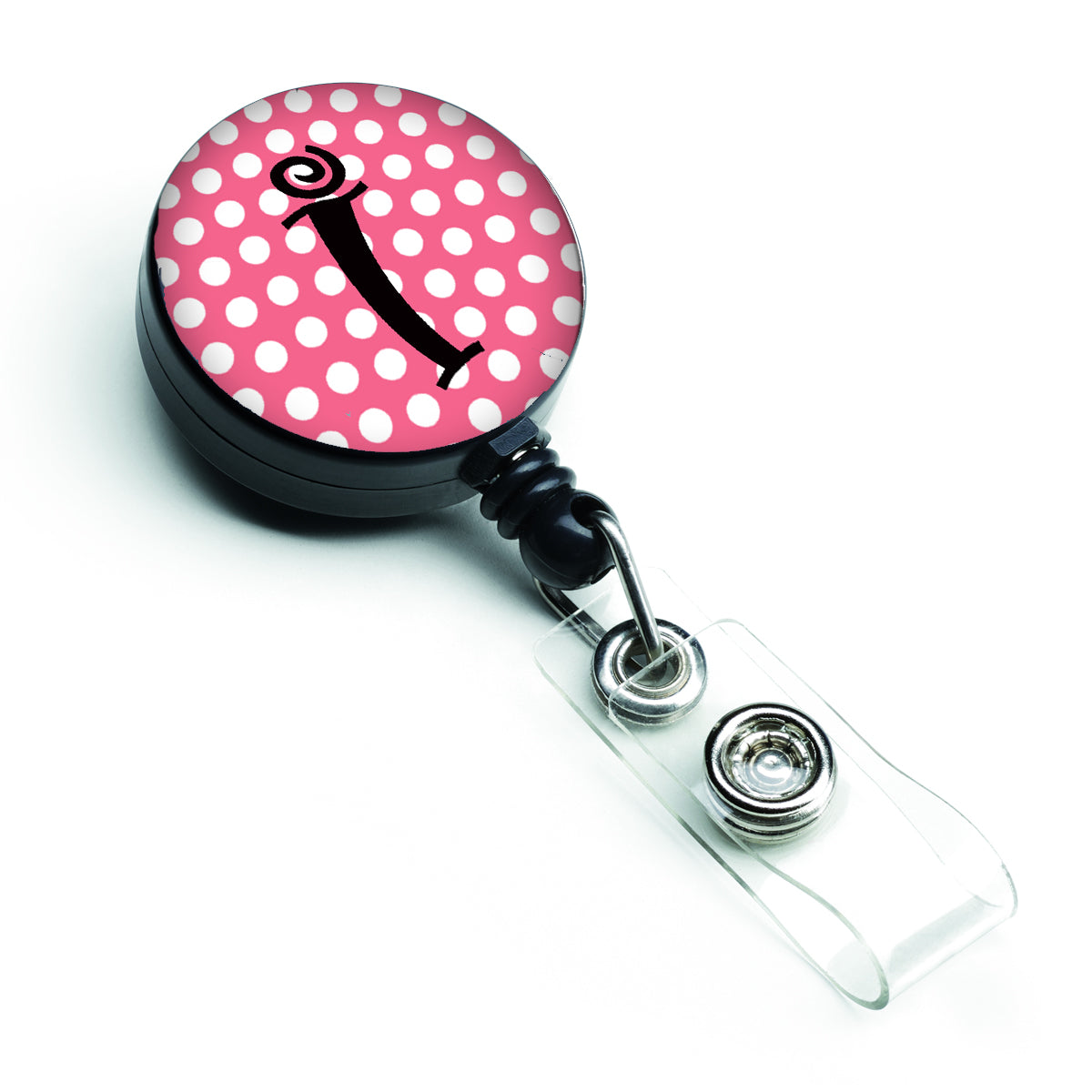 Letter I Monogram - Pink Black Polka Dots Retractable Badge Reel CJ1001-IBR  the-store.com.