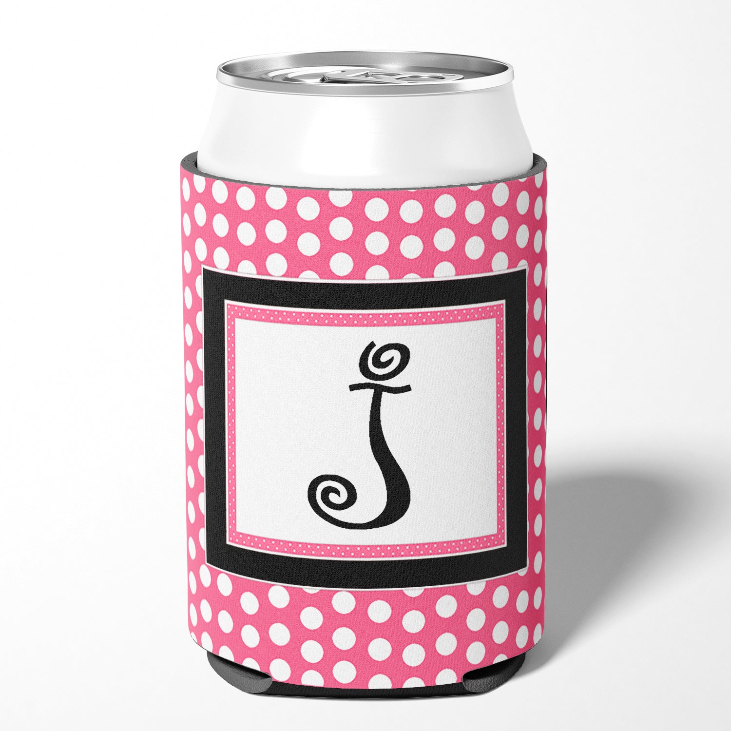 Letter J Initial Monogram - Pink Black Polka Dots Can or Bottle Beverage Insulator Hugger.