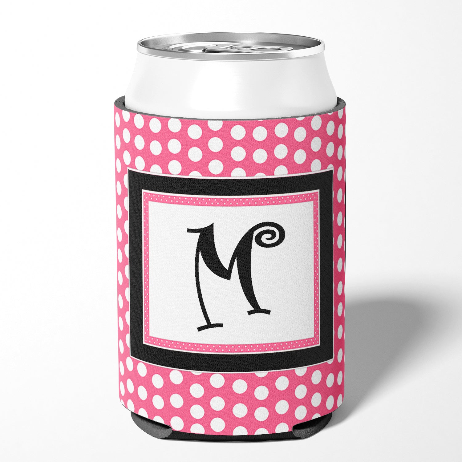 Letter M Initial Monogram - Pink Black Polka Dots Can or Bottle Beverage Insulator Hugger.