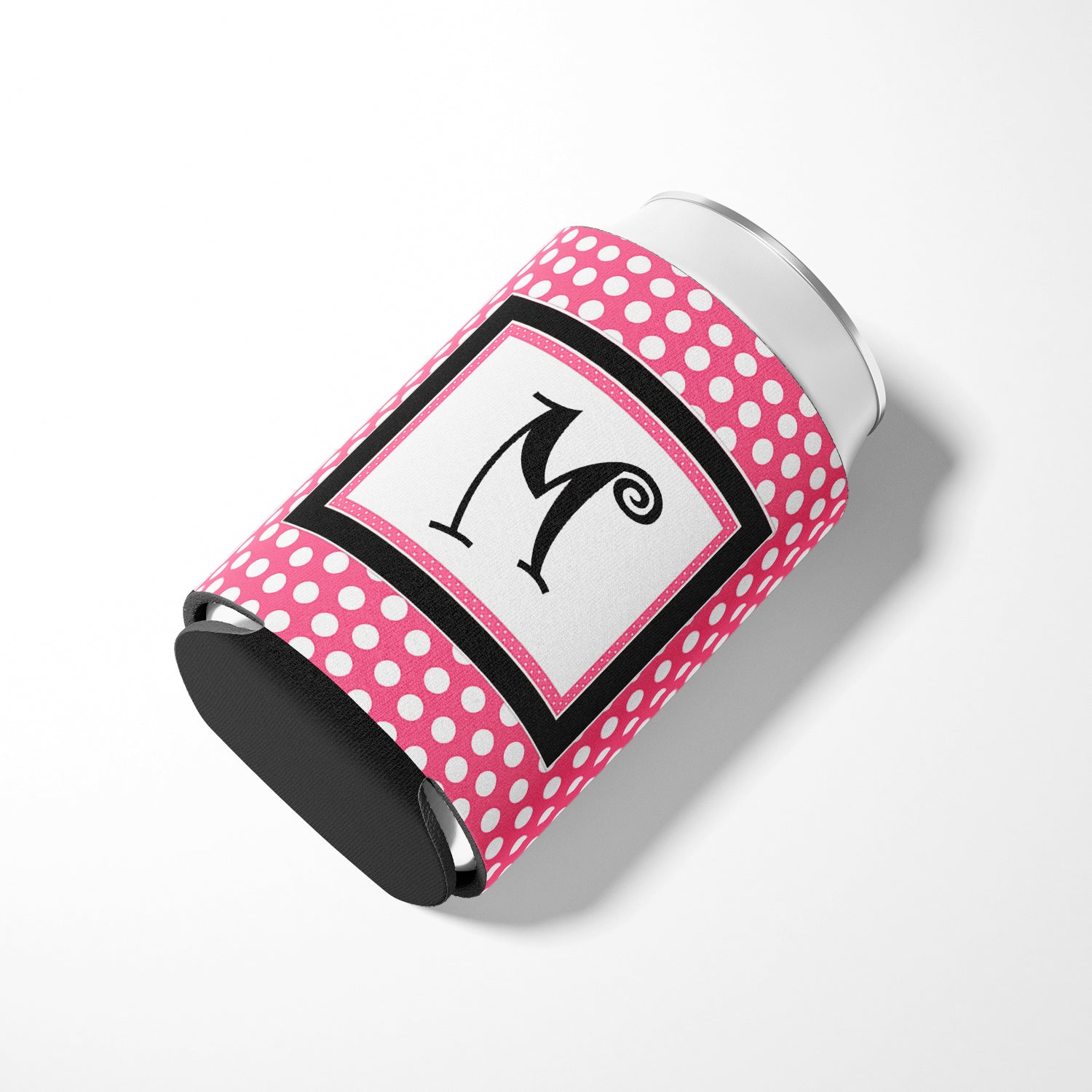 Letter M Initial Monogram - Pink Black Polka Dots Can or Bottle Beverage Insulator Hugger.