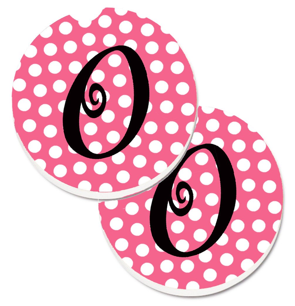 Letter O Monogram - Pink Black Polka Dots Set of 2 Cup Holder Car Coasters CJ1001-OCARC by Caroline&#39;s Treasures