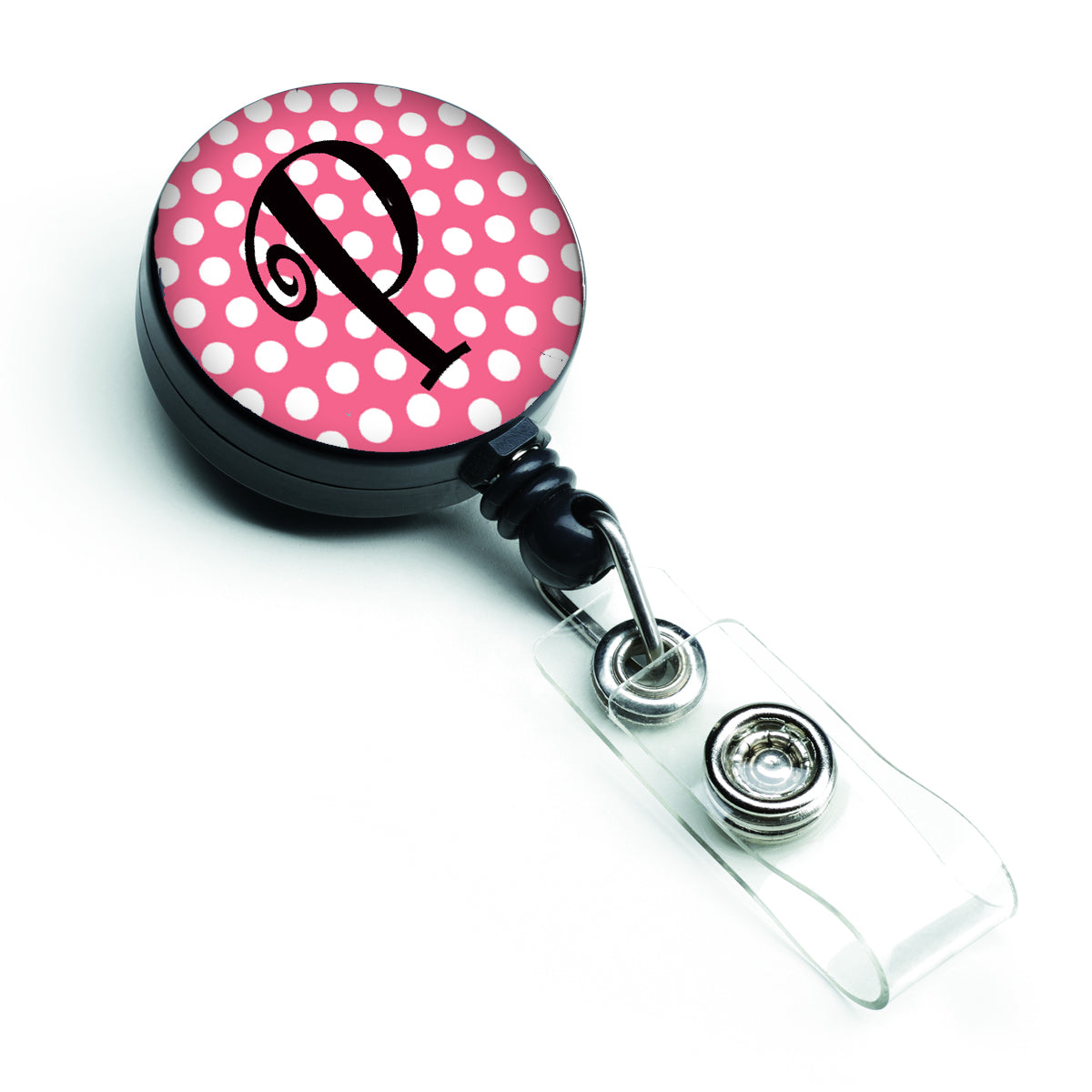 Letter P Monogram - Pink Black Polka Dots Retractable Badge Reel CJ1001-PBR  the-store.com.