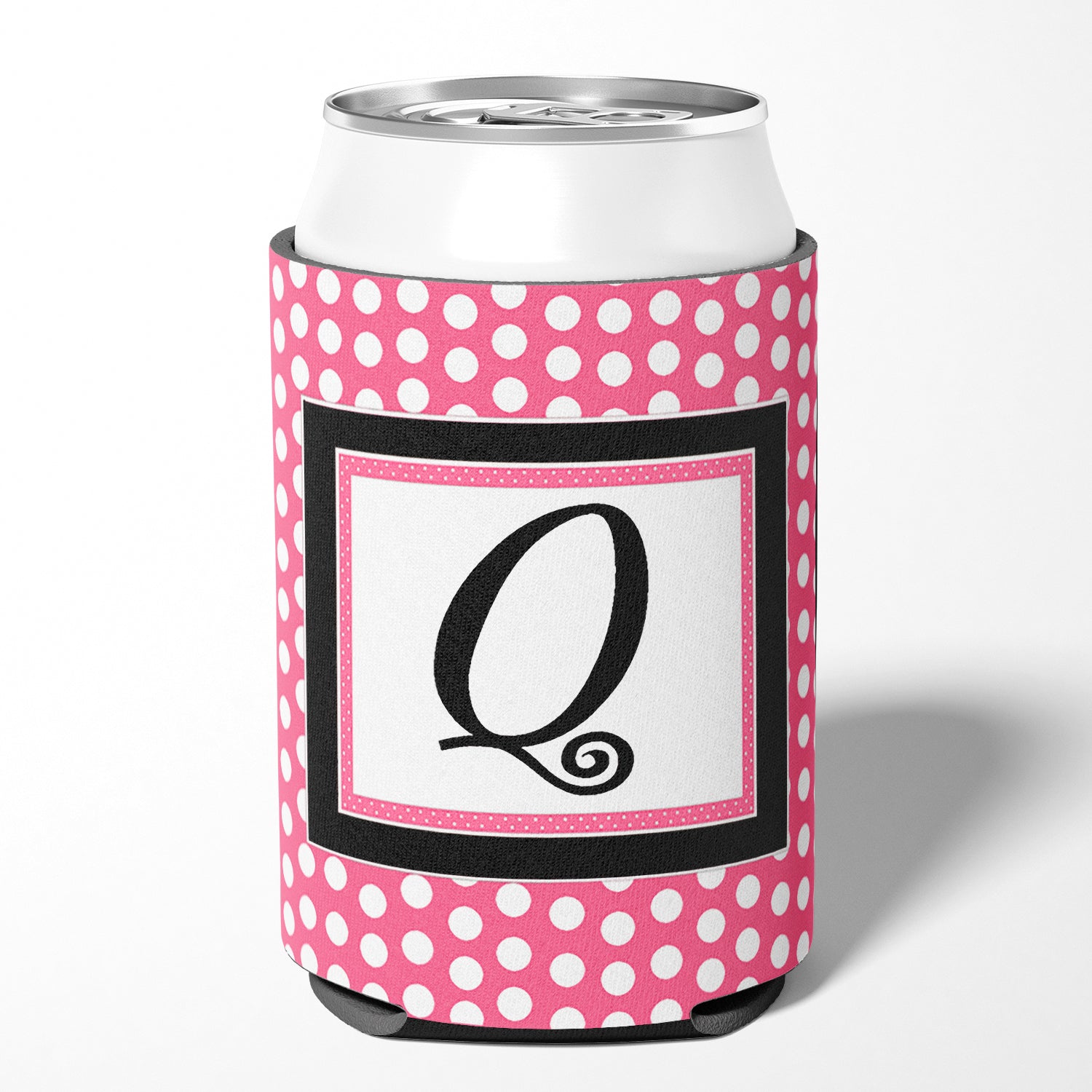 Letter Q Initial Monogram - Pink Black Polka Dots Can or Bottle Beverage Insulator Hugger.