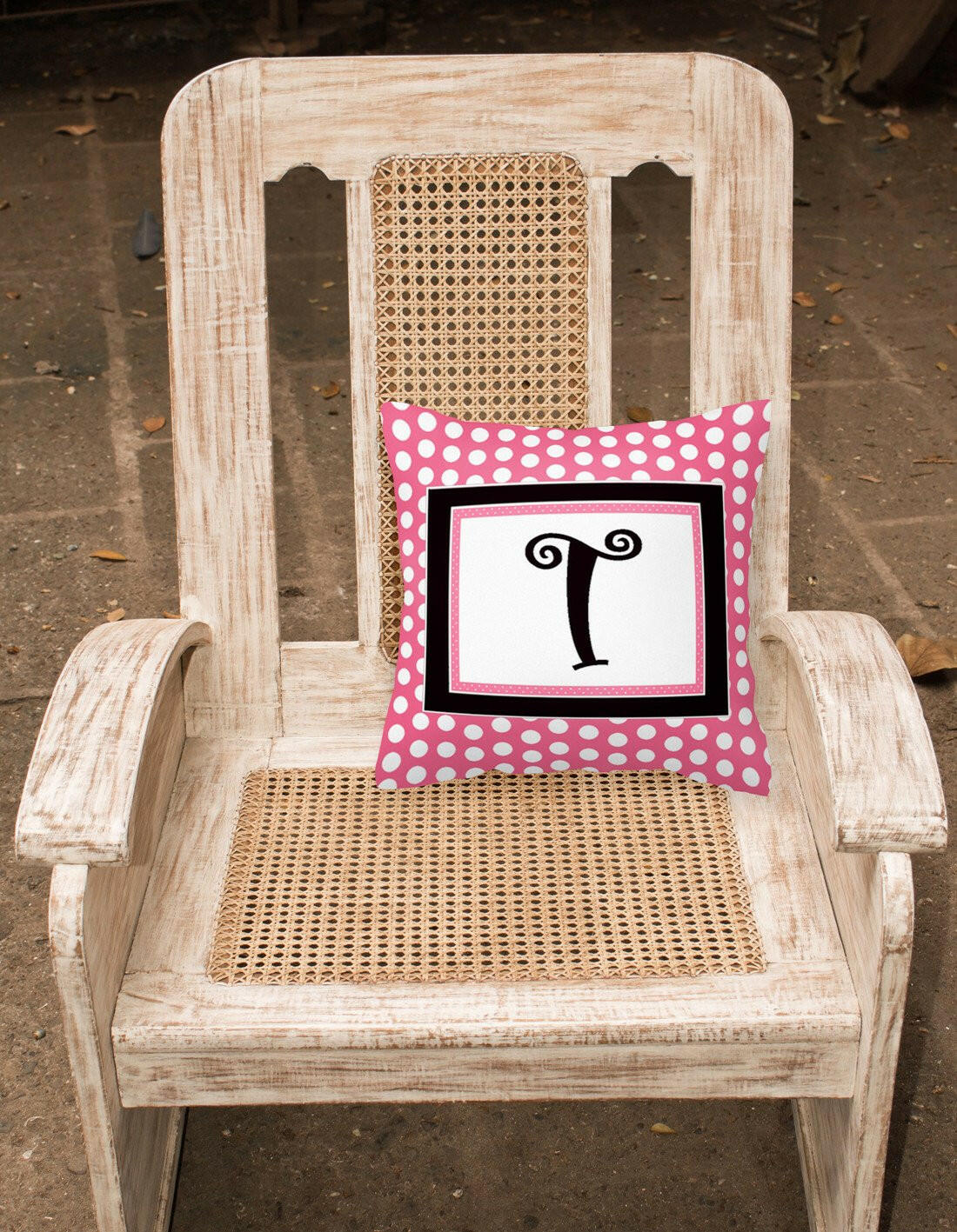 Letter T Initial Monogram Pink Black Polka Dots Decorative Canvas Fabric Pillow - the-store.com