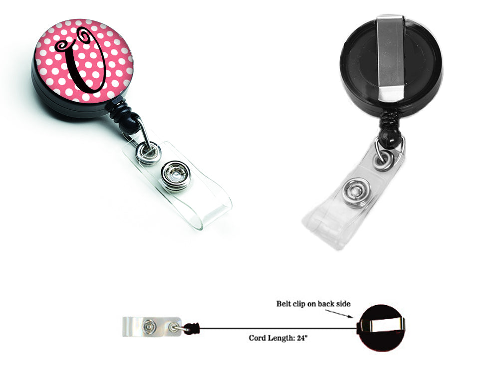 Letter U Monogram - Pink Black Polka Dots Retractable Badge Reel CJ1001-UBR  the-store.com.