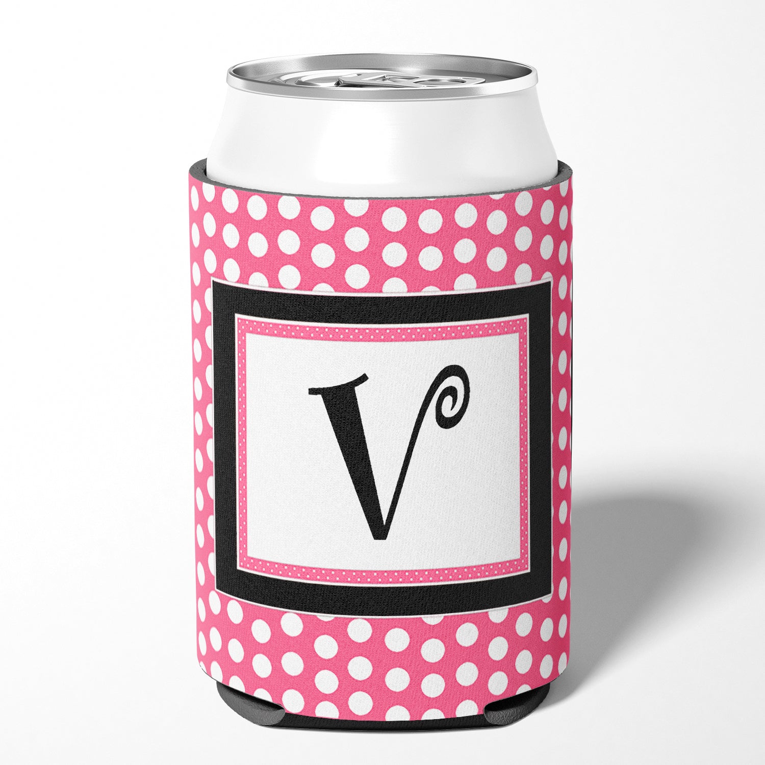 Letter V Initial Monogram - Pink Black Polka Dots Can or Bottle Beverage Insulator Hugger.