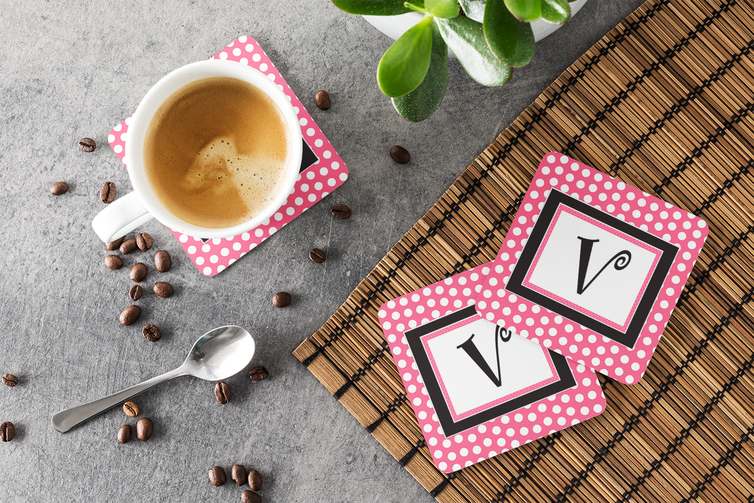 Set of 4 Monogram - Pink Black Polka Dots Foam Coasters Initial Letter V - the-store.com