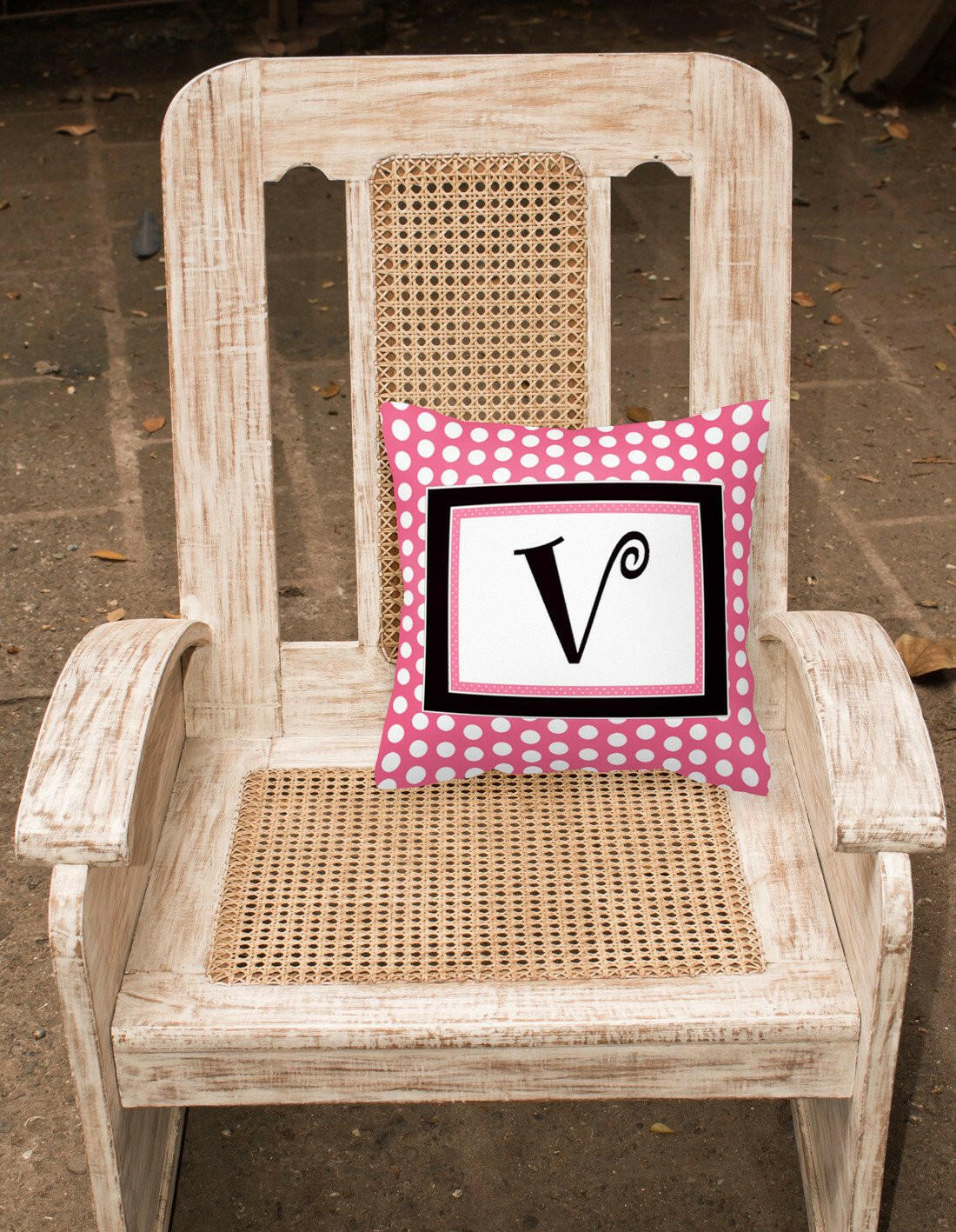 Letter V Initial Monogram Pink Black Polka Dots Decorative Canvas Fabric Pillow - the-store.com