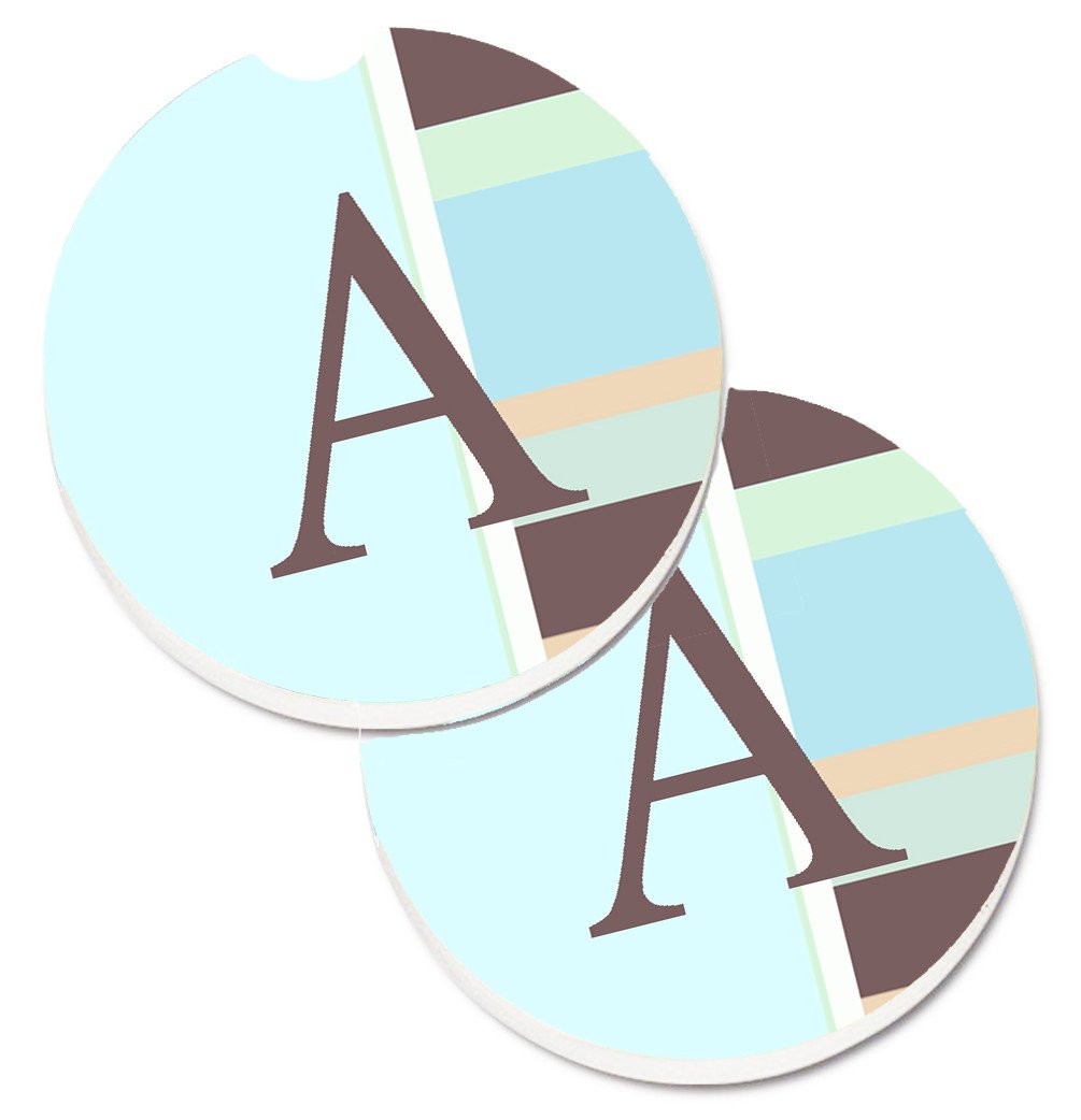 Letter A Monogram - Blue Stripes Set of 2 Cup Holder Car Coasters CJ1003-ACARC by Caroline's Treasures