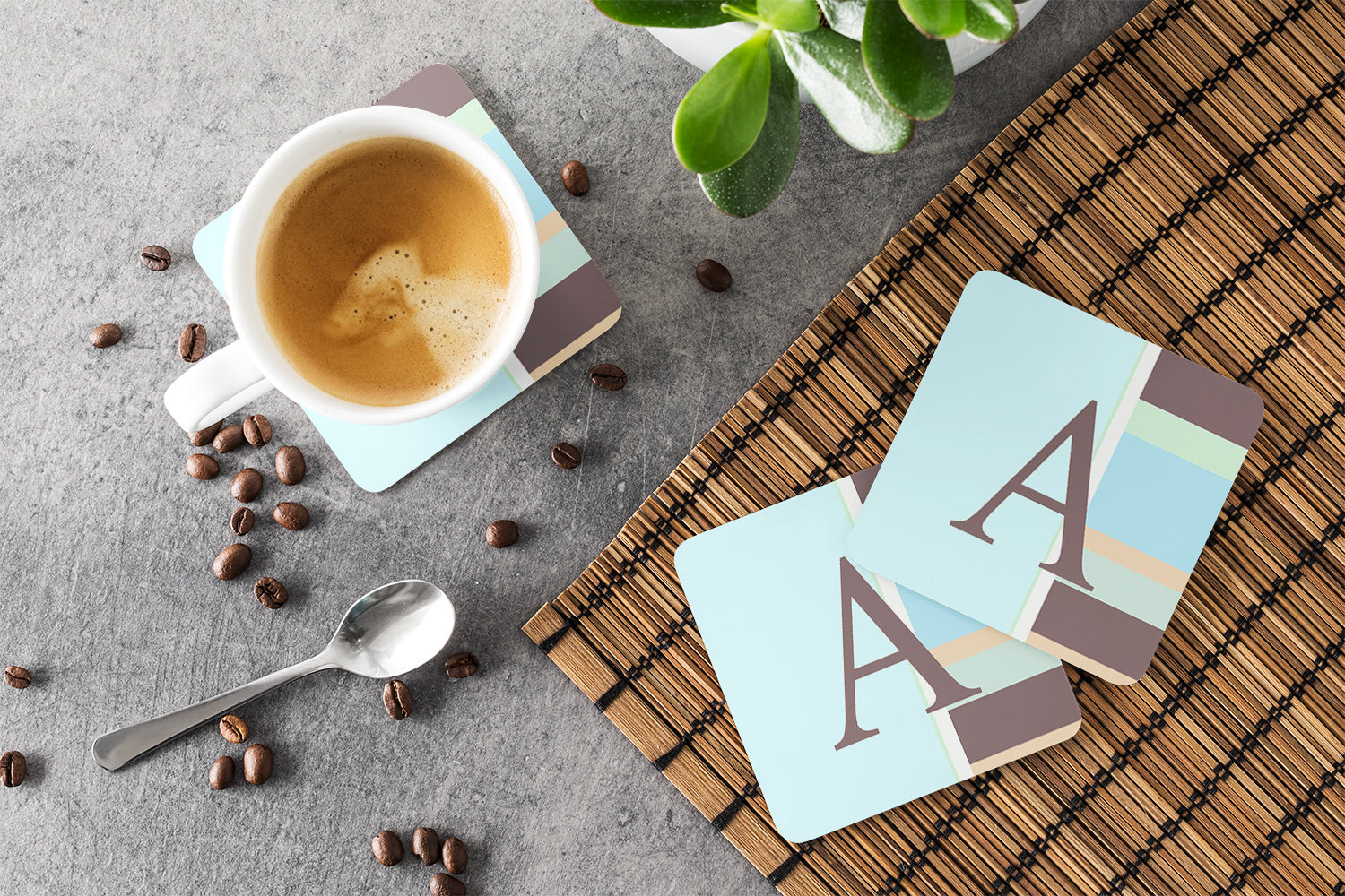 Set of 4 Monogram - Blue Stripes Foam Coasters Initial Letter A - the-store.com