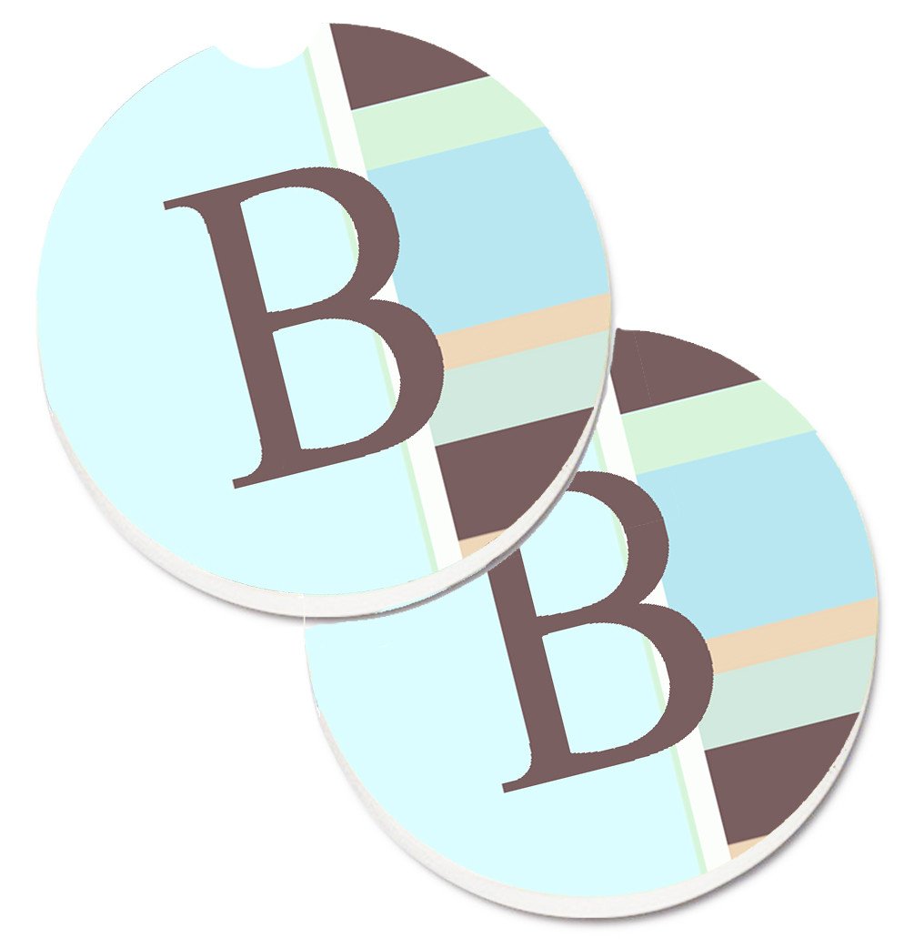 Letter B Initial Monogram - Blue Stripes Set of 2 Cup Holder Car Coasters CJ1003-BCARC by Caroline's Treasures