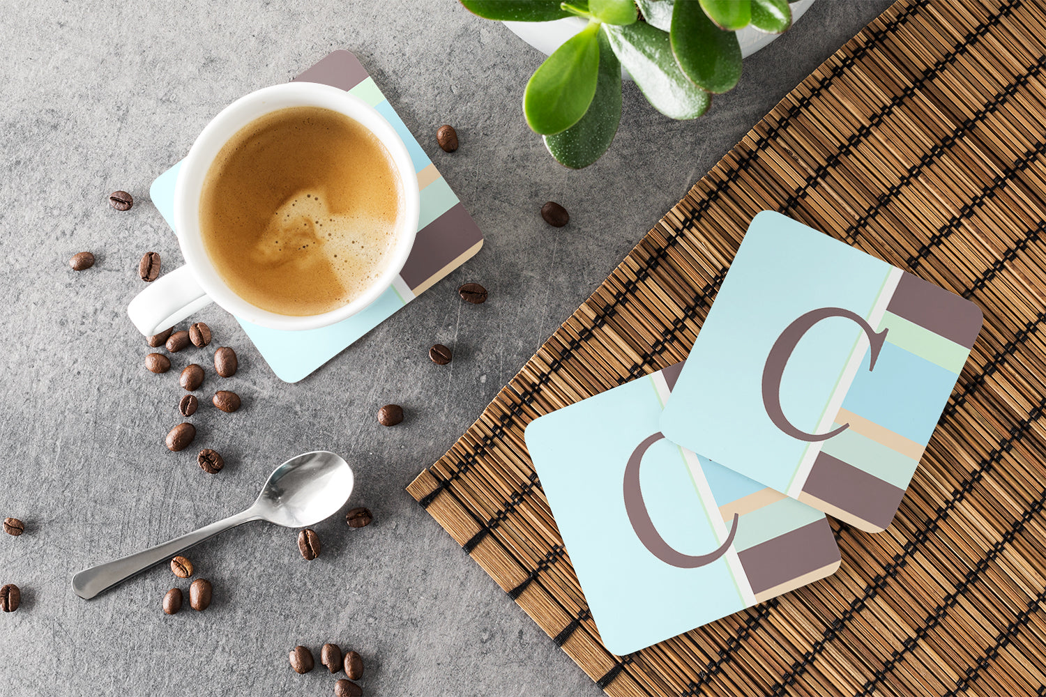 Set of 4 Monogram - Blue Stripes Foam Coasters Initial Letter C - the-store.com