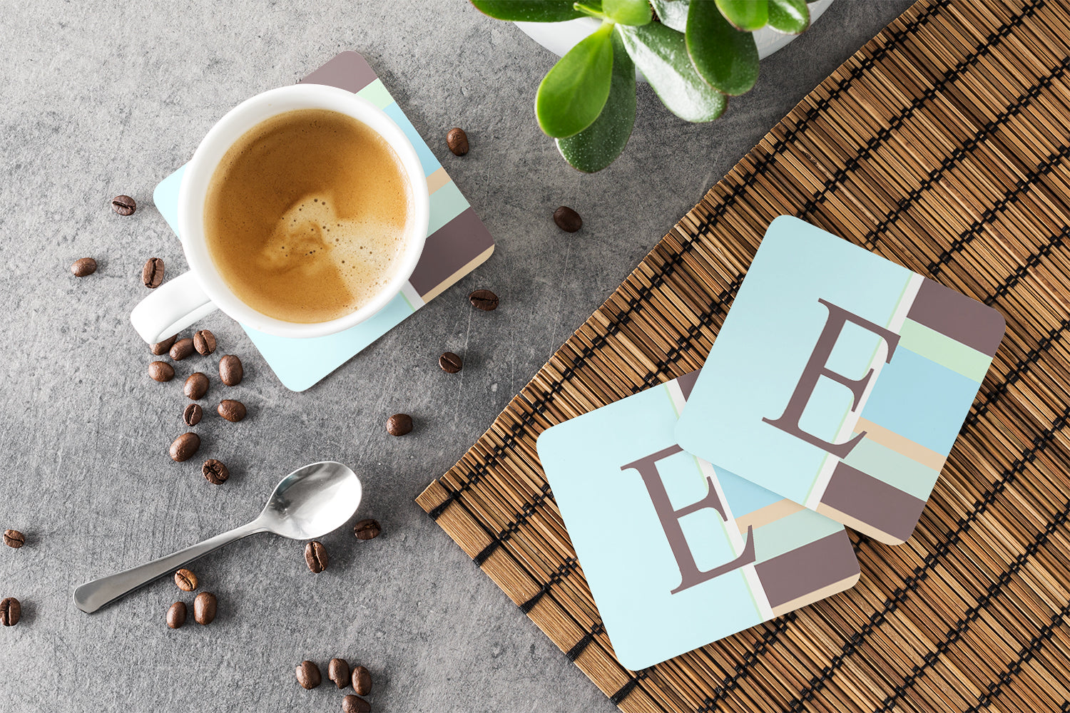 Set of 4 Monogram - Blue Stripes Foam Coasters Initial Letter E - the-store.com